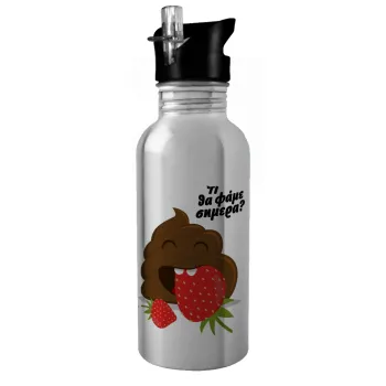 Τι θα φάμε σημερα???, Παγούρι νερού Ασημένιο με καλαμάκι, ανοξείδωτο ατσάλι 600ml