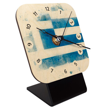 Ελληνική σημαία watercolor, Επιτραπέζιο ρολόι σε φυσικό ξύλο (10cm)