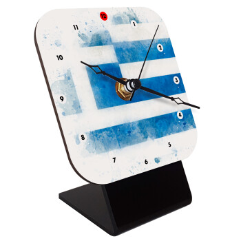 Ελληνική σημαία watercolor, Quartz Wooden table clock with hands (10cm)