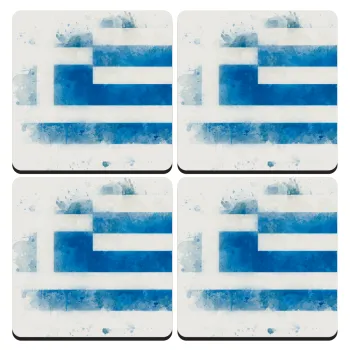 Ελληνική σημαία watercolor, ΣΕΤ 4 Σουβέρ ξύλινα τετράγωνα (9cm)