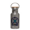 Stainless steel metallic thermos flask, silver with a bamboo lid, double-walled, 350ml.