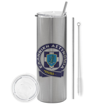 Ελληνική Αστυνομία, Eco friendly ποτήρι θερμό Ασημένιο (tumbler) από ανοξείδωτο ατσάλι 600ml, με μεταλλικό καλαμάκι & βούρτσα καθαρισμού
