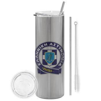 Ελληνική Αστυνομία, Tumbler stainless steel Silver 600ml, with metal straw & cleaning brush