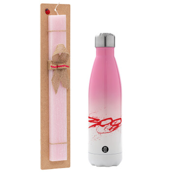 Οι 300 της Σπάρτης, Easter Set, Metallic pink/white (Stainless steel) thermos, double-walled, 500ml & aromatic flat Easter candle (30cm) (PINK)