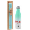Easter Set, Metallic green/white thermos (Stainless steel), double-walled, 500ml & scented flat Easter candle (30cm) (TURQUOISE)