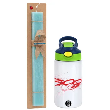 Οι 300 της Σπάρτης, Easter Set, Children's thermal stainless steel bottle with safety straw, green/blue (350ml) & aromatic flat Easter candle (30cm) (TURQUOISE)