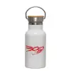 Metallic thermos (Stainless steel) White with wooden lid (bamboo), double-walled, 350ml