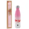 Easter Set, Metallic pink/white (Stainless steel) thermos, double-walled, 500ml & aromatic flat Easter candle (30cm) (PINK)