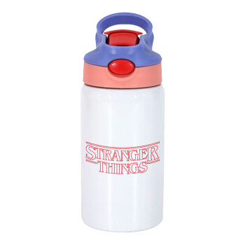 Stranger Things Logo, Children's hot water bottle, stainless steel, with safety straw, pink/purple (350ml)