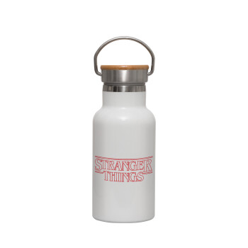 Stranger Things Logo, Metallic thermos (Stainless steel) White with wooden lid (bamboo), double-walled, 350ml