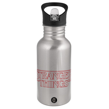 Stranger Things Logo, Water bottle Silver with straw, stainless steel 500ml