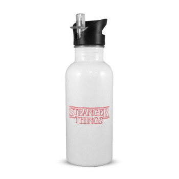 Stranger Things Logo, White water bottle with straw, stainless steel 600ml