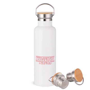 Stranger Things Logo, Stainless steel White with wooden lid (bamboo), double wall, 750ml