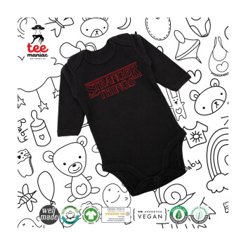 Stranger Things Logo, Μακρυμάνικο βρεφικό φορμάκι, 0-18 μηνών, ΜΑΥΡΟ, 100% Organic Cotton