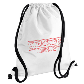 Stranger Things Logo, Τσάντα πλάτης πουγκί GYMBAG λευκή, με τσέπη (40x48cm) & χονδρά κορδόνια