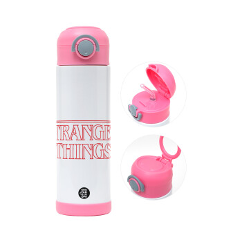 Stranger Things Logo, Children's hot water bottle, stainless steel, with safety straw, PINK (500ml)