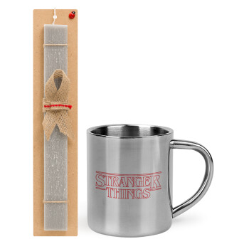 Stranger Things Logo, Easter Set, metallic thermal cup (300ml) & Easter aromatic flat candle (30cm) (GRAY)