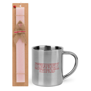 Stranger Things Logo, Easter Set, metallic thermal cup (300ml) & aromatic flat Easter candle (30cm) (PINK)
