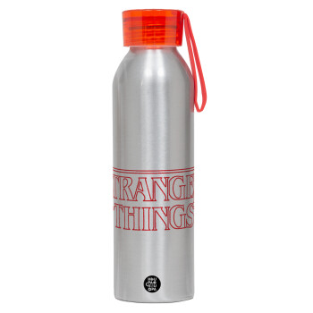 Stranger Things Logo, Αλουμινένιο Αθλητικό Μπουκάλι 650ml – Ασημί με Κόκκινο Καπάκι και Λουράκι Σιλικόνης