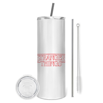 Stranger Things Logo, Tumbler ποτήρι θερμό από ανοξείδωτο ατσάλι 600ml, με μεταλλικό καλαμάκι & βούρτσα καθαρισμού