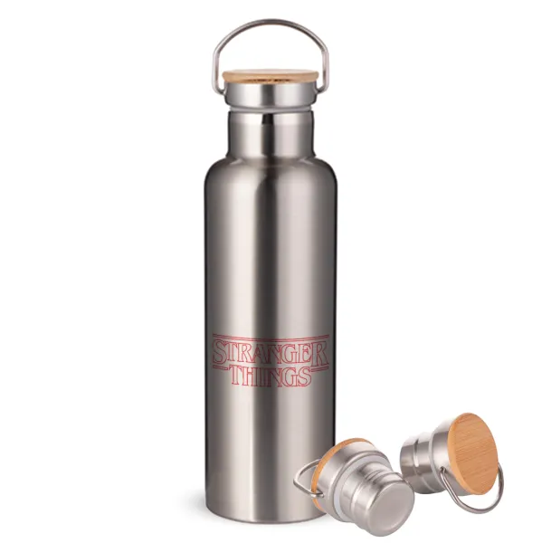 Stranger Things Logo — Μεταλλικό παγούρι θερμός (Stainless steel) Ασημένιο με ξύλινο καπακι (bamboo), διπλού τοιχώματος, 750ml