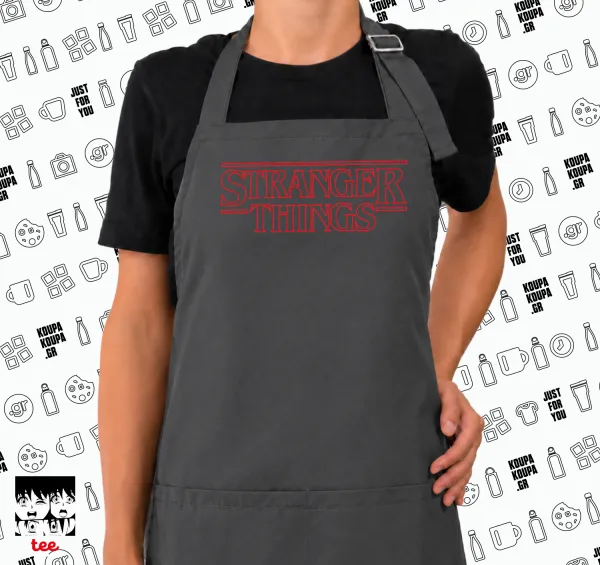 Stranger Things Logo — GREY Ποδιά μαγειρικής μακριά Σεφ με τσέπες (ΕΝΗΛΙΚΩΝ, ΓΚΡΙ)