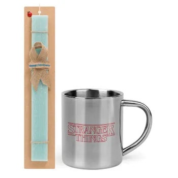 Stranger Things Logo, Easter Set, metallic thermal cup (300ml) & aromatic flat Easter candle (30cm) (TURQUOISE)