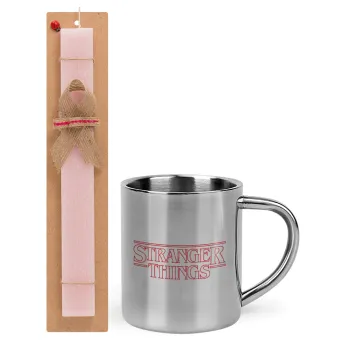 Stranger Things Logo, Easter Set, metallic thermal cup (300ml) & aromatic flat Easter candle (30cm) (PINK)