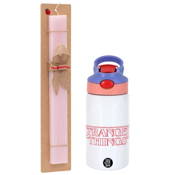 Stranger Things Logo, Easter Set, Children's thermal stainless steel water bottle with safety straw, pink/purple (350ml) & Easter scented flat candle (30cm) (PINK)