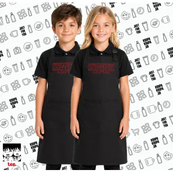 Stranger Things Logo, Μαύρη ΠΑΙΔΙΚΗ Ποδιά μακριά Σεφ ολόσωμη με τσέπες