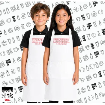 Stranger Things Logo, Λευκή ΠΑΙΔΙΚΗ Ποδιά μακριά Σεφ ολόσωμη με τσέπες