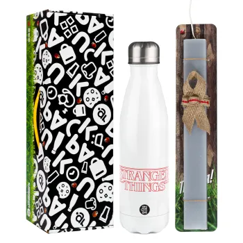 Stranger Things Logo, Easter candle, metallic white thermos bottle (500ml) & aromatic flat candle (30cm) (GRAY)