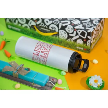 Stranger Things Logo, Easter candle,Travel Tumbler 2 Lids, with metal straw & cleaning brush & aromatic flat candle (30cm) (BLUE)