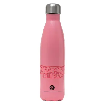 Stranger Things Logo, Metal mug thermos Pink Mat (Stainless steel), double wall, 500ml