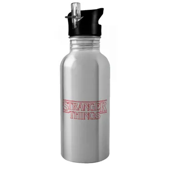 Stranger Things Logo, Water bottle Silver with straw, stainless steel 600ml