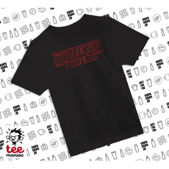 Stranger Things Logo, Άνετο παιδικό T-Shirt ΜΑΥΡΟ από 100% βαμβάκι, για κάθε μέρα. Vegan & OEKO-TEX πιστοποιημένο.