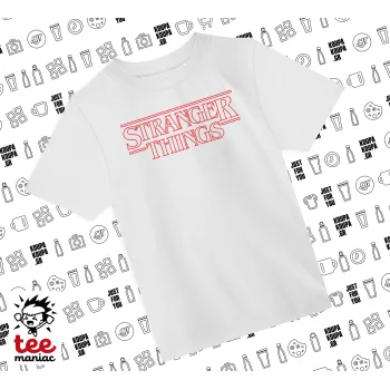 Stranger Things Logo, Άνετο παιδικό T-Shirt ΛΕΥΚΟ από 100% βαμβάκι, για κάθε μέρα. Vegan & OEKO-TEX πιστοποιημένο.