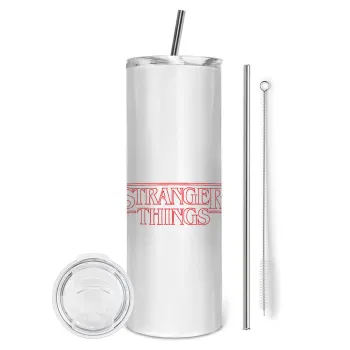 Stranger Things Logo, Tumbler stainless steel 600ml, with metal straw & cleaning brush