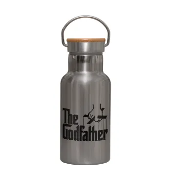 The Godfather, Stainless steel metallic thermos flask, silver with a bamboo lid, double-walled, 350ml.