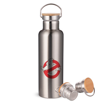 The Ghostbusters, Μεταλλικό παγούρι θερμός (Stainless steel) Ασημένιο με ξύλινο καπακι (bamboo), διπλού τοιχώματος, 750ml