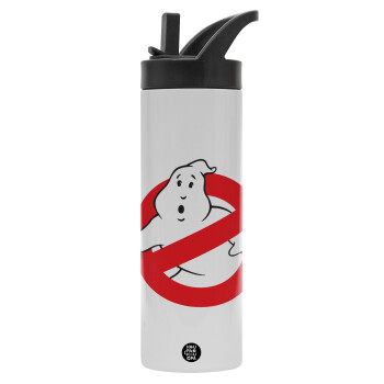 The Ghostbusters, Μεταλλικό παγούρι θερμός με καλαμάκι & χειρολαβή, ανοξείδωτο ατσάλι (Stainless steel 304), διπλού τοιχώματος, 600ml