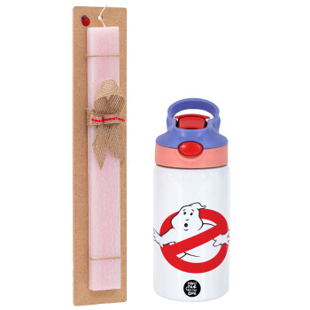 The Ghostbusters, Easter Set, Children's thermal stainless steel water bottle with safety straw, pink/purple (350ml) & Easter scented flat candle (30cm) (PINK)