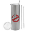 Tumbler ποτήρι θερμό Ασημένιο από ανοξείδωτο ατσάλι 600ml, με μεταλλικό καλαμάκι & βούρτσα καθαρισμού