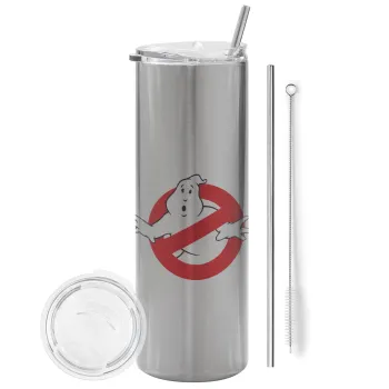 The Ghostbusters, Tumbler ποτήρι θερμό Ασημένιο από ανοξείδωτο ατσάλι 600ml, με μεταλλικό καλαμάκι & βούρτσα καθαρισμού