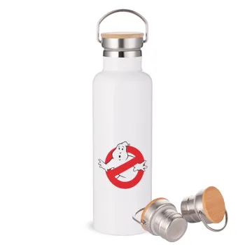 The Ghostbusters, Μεταλλικό παγούρι θερμός (Stainless steel) Λευκό με ξύλινο καπάκι (bamboo), διπλού τοιχώματος, 750ml