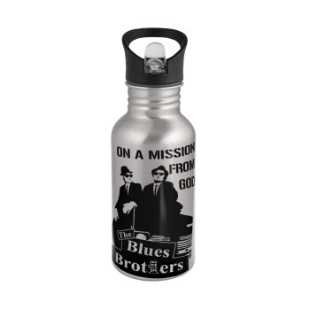 Blues brothers on a mission from God, Water bottle Silver with straw, stainless steel 500ml