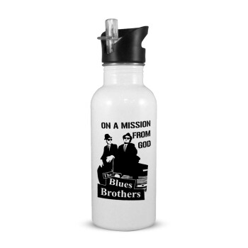 Blues brothers on a mission from God, White water bottle with straw, stainless steel 600ml