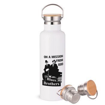 Blues brothers on a mission from God, Stainless steel White with wooden lid (bamboo), double wall, 750ml