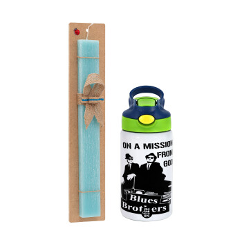 Blues brothers on a mission from God, Easter Set, Children's thermal stainless steel bottle with safety straw, green/blue (350ml) & aromatic flat Easter candle (30cm) (TURQUOISE)
