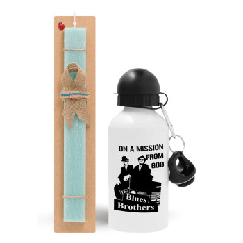 Blues brothers on a mission from God, Easter Set, metallic aluminum water bottle (500ml) & scented flat candle (30cm) (TURQUOISE)